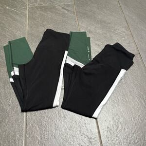 Lorna Jane Set of 2 Black Grey Green Colorblock XS Leggings Full Length Pocket